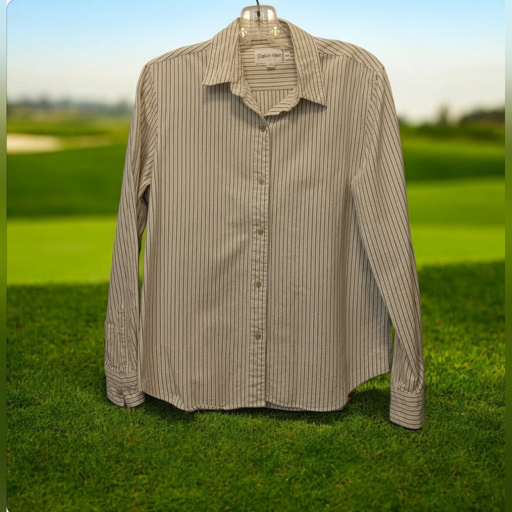 Vintage 80s Calvin Klein Striped Button Down Shirt 100% Cotton Minimalist Neutra